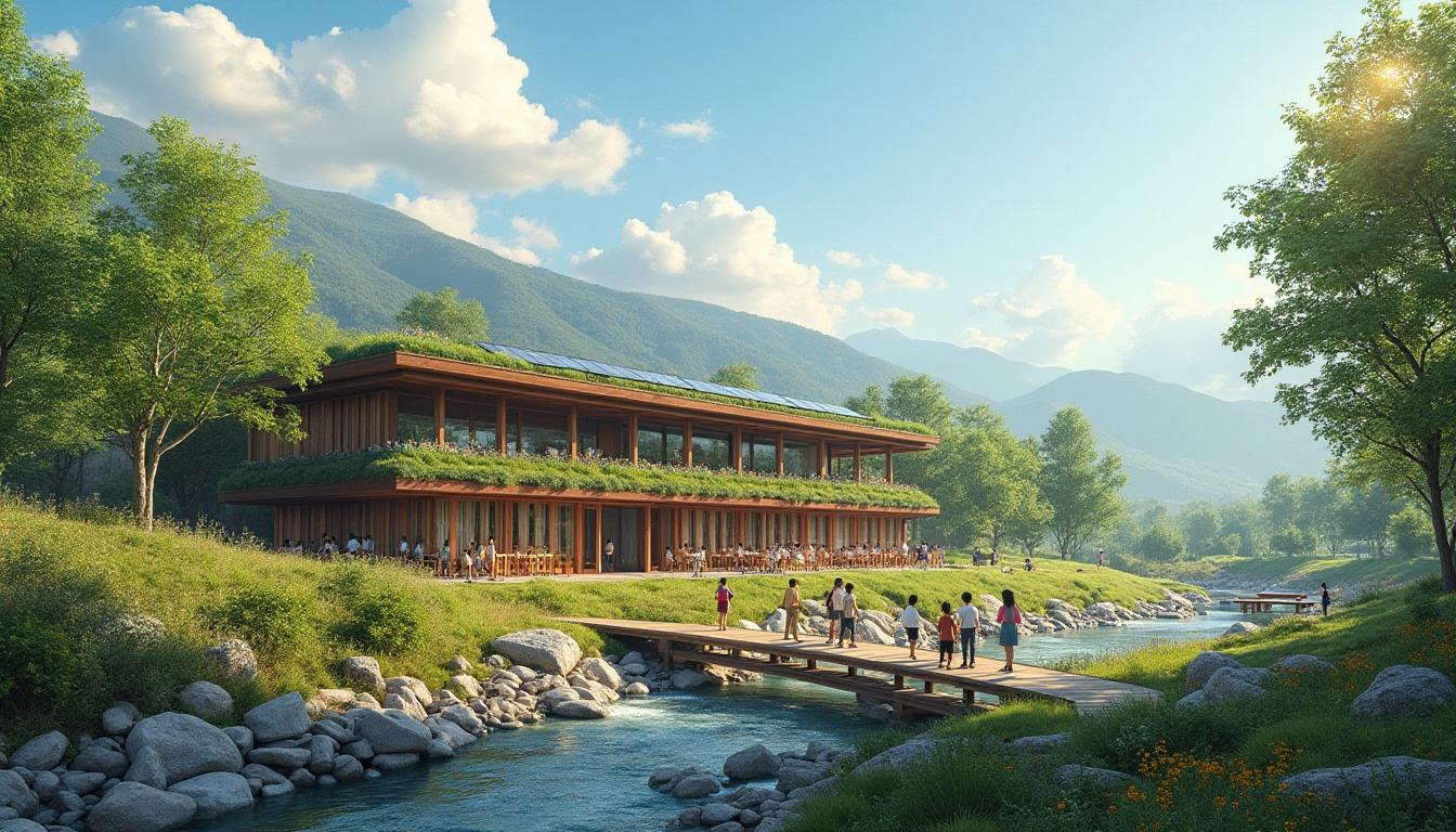 Prompt: Valley landscape, integrating school building, green roof, solar panels, wooden bridge, walking path, trees, flowers, hills, mountains, blue sky, white clouds, warm sunlight, valley stream, stones, rustic wooden fences, educational equipment, blackboards, desks, chairs, students, teachers, nature-inspired architecture, eco-friendly design, harmonious coexistence with nature, panoramic view, 3/4 composition, soft lighting.