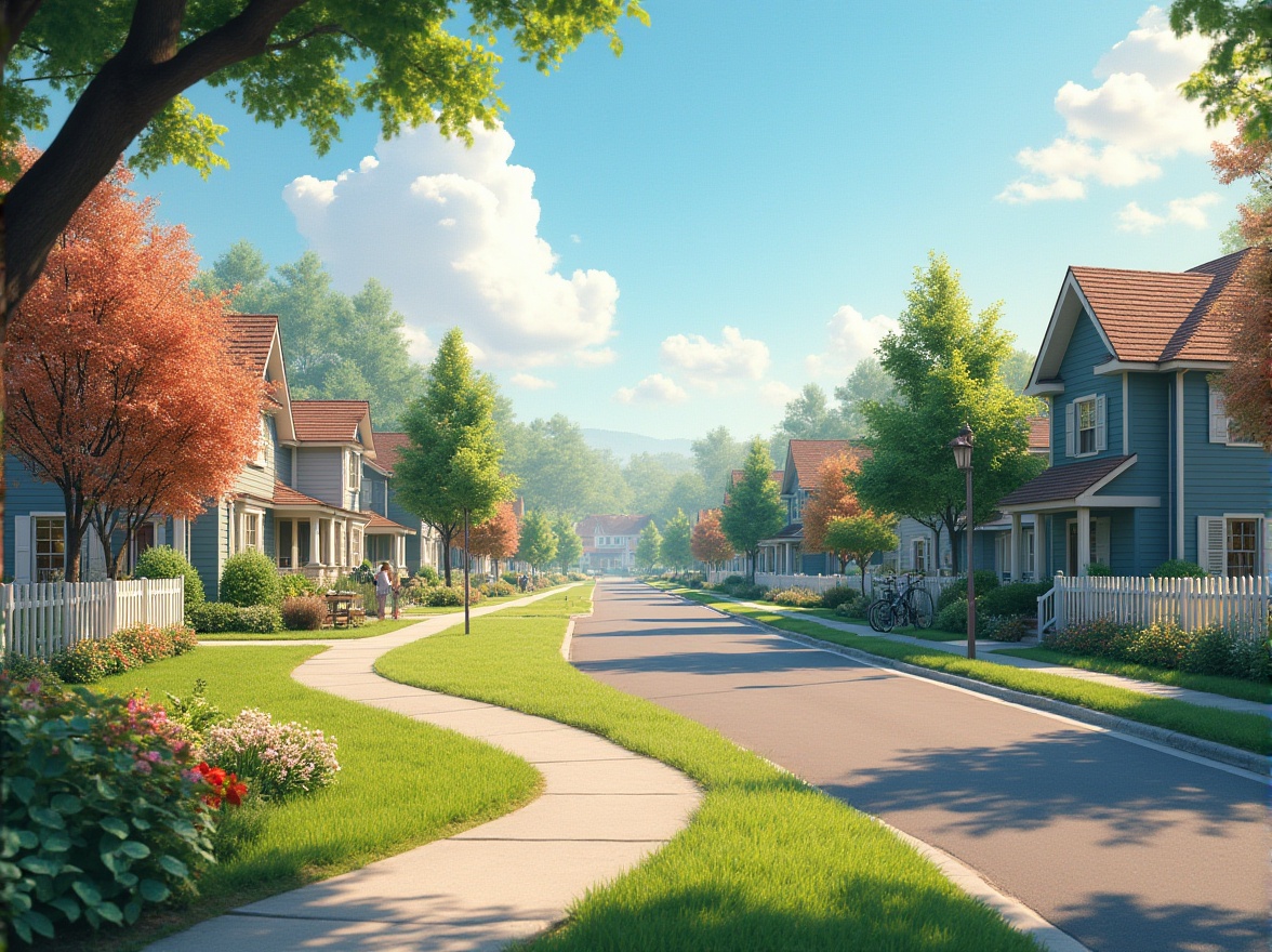 Prompt: Suburban community, residential area, single-family homes, manicured lawns, blooming flowers, white picket fences, paved sidewalks, kids playing, bicycles parked, sunny afternoon, clear blue sky, few puffy clouds, gentle breeze, warm ambient lighting, 3/4 composition, depth of field, vivid colors, cinematic mood, peaceful atmosphere.