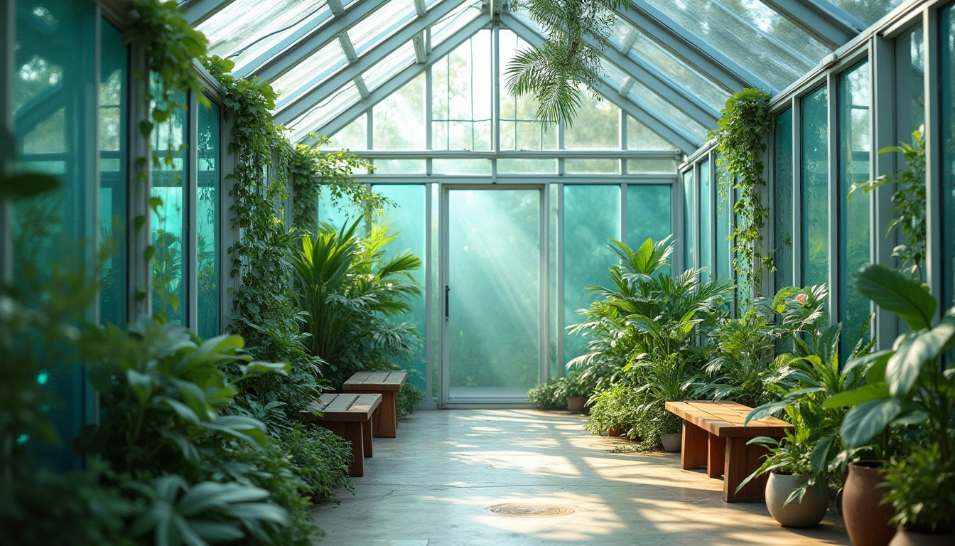 Prompt: Cerulean blue glass walls, lush green plants, exotic flowers, modern minimalist greenhouse interior, sleek silver framework, natural light pouring through, subtle misting system, delicate vines crawling up walls, rustic wooden benches, elegant ceramic planters, warm afternoon sunbeams, soft focus background, shallow depth of field, 3/4 composition, gentle bokeh effect.