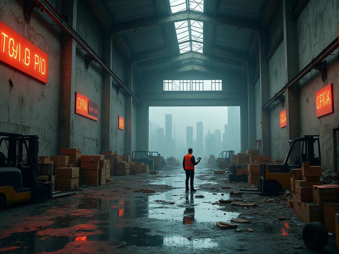 Prompt: Abandoned distribution center, postmodernism style, industrial architecture, broken concrete walls, rusty metal beams, shattered windows, dimly lit interior, old forklifts scattered, crates and boxes piled high, neon signs reflected in puddles of water, a lone figure in a bright orange vest, holding a clipboard, standing amidst the chaos, cityscape visible through broken windows, distant skyscrapers looming large, cloudy grey sky, dramatic shadows, cinematic composition, high contrast, gritty texture.