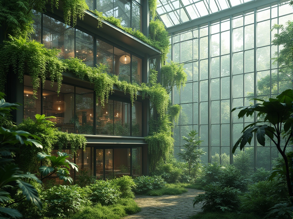 Prompt: Modern architectural building, green facade, glass windows, steel frames, lush greenery, vertical garden, calming ambiance, natural light, urban jungle, cityscape, futuristic design, sleek lines, minimalist decor, green roof, eco-friendly materials, sustainable architecture, 3/4 composition, soft focus, warm lighting, morning dew, misty atmosphere.