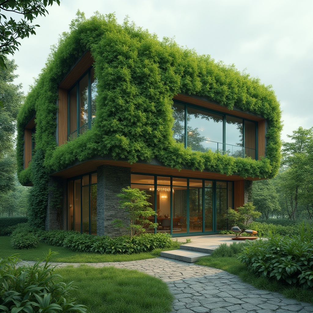 Prompt: Modern green architecture, sustainable building, eco-friendly design, lush green walls, vibrant emerald windows, calming olive roof, natural textures, wooden accents, stone foundation, sleek metallic frames, urban cityscape, morning dew, soft overcast lighting, shallow depth of field, 3/4 composition, warm ambient atmosphere.