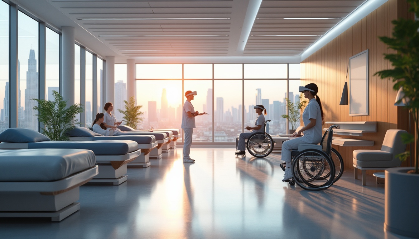 Prompt: Modern rehabilitation center, futuristic interior design, sleek lines, minimalist decor, large windows with cityscape views, rows of high-tech therapy machines, virtual reality headsets, robotic assistants, physical therapists in scrubs, patients in wheelchairs, prosthetic limbs, bright LED lighting, soft ambient glow, calm atmosphere, morning sunlight, shallow depth of field, warm color palette, natural wood accents, comfortable seating areas, plants on shelves, gentle piano music playing softly.