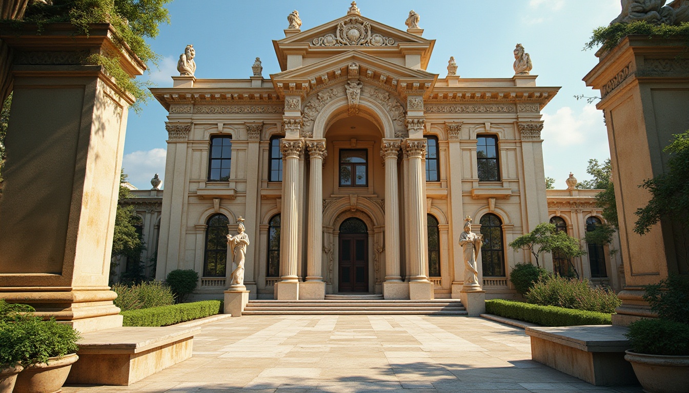 Prompt: Neoclassical building, grandiose entrance, ornate columns, plastered concrete walls, intricately carved decorations, sweeping arches, symmetrical facade, imposing stone statues, lush greenery surrounding the structure, bright sunlight casting dramatic shadows, warm beige tone, rustic textured stonework, refined marble accents, ornamental metalwork, panoramic view, low-angle shot, cinematic composition, atmospheric lighting.