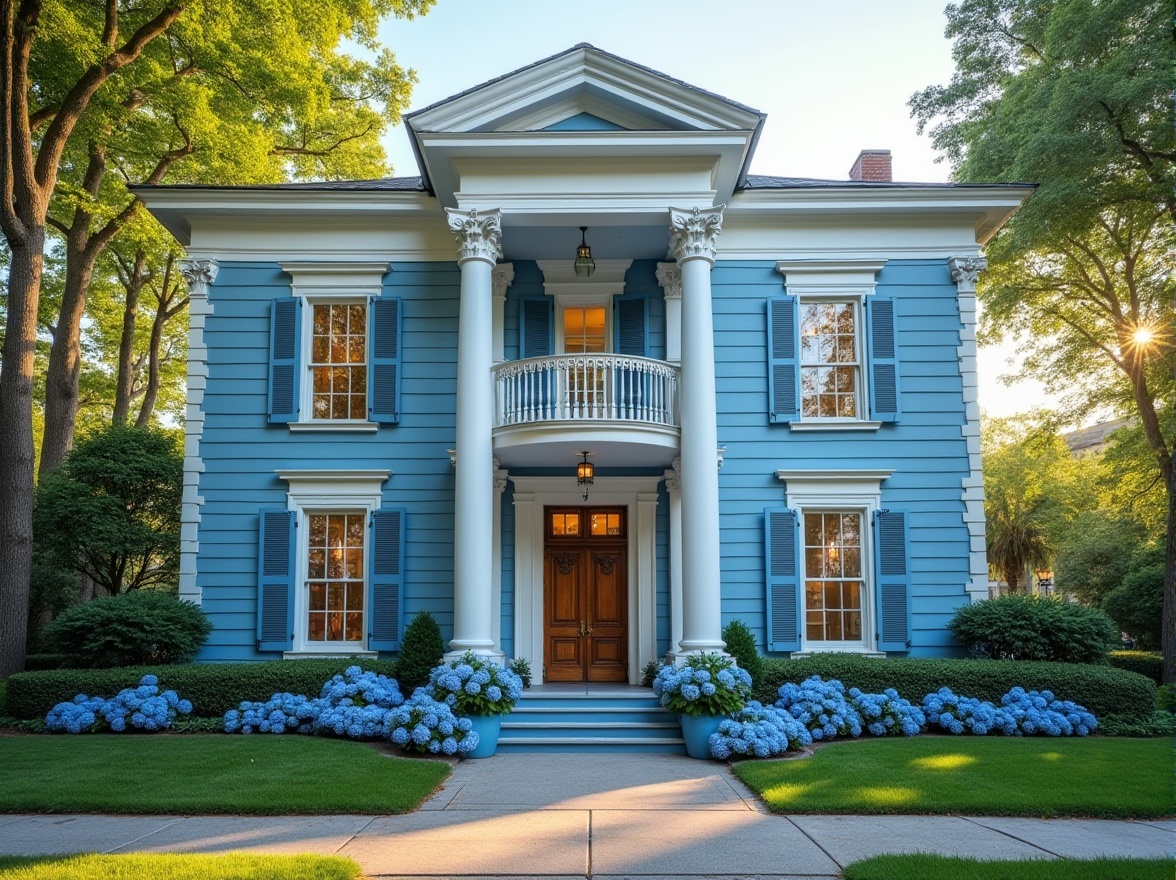 Prompt: Classic residential building, incorporating blue color, colonial style, symmetrical facade, grand entrance with Ionic columns, ornate cornice, soft blue walls, white trim, rectangular windows with blue shutters, majestic wooden door with brass doorknob, lush green lawn, blooming blue hydrangeas, paved sidewalk, tranquil neighborhood, afternoon sunlight casting a warm glow, 3/4 composition, soft focus on the building, high contrast between blue and white.