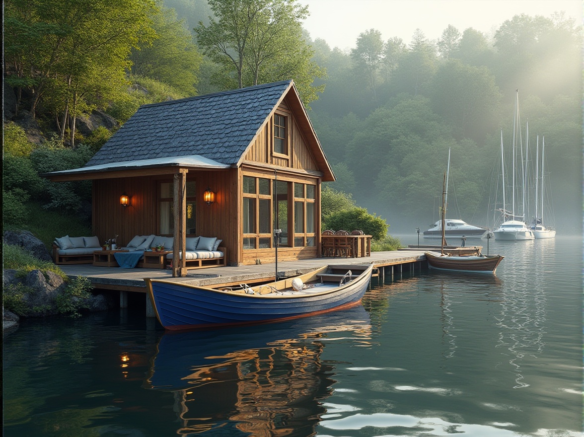 Prompt: Boathouse, gray exterior, wooden texture, rustic style, surrounded by lush greenery, near serene lake, reflection of trees on calm water, sailboats and yachts docked, outdoor furniture with soft cushions, lanterns hanging from roof, warm afternoon lighting, gentle ripples on the water surface, misty atmosphere, 3/4 composition, panoramic view.