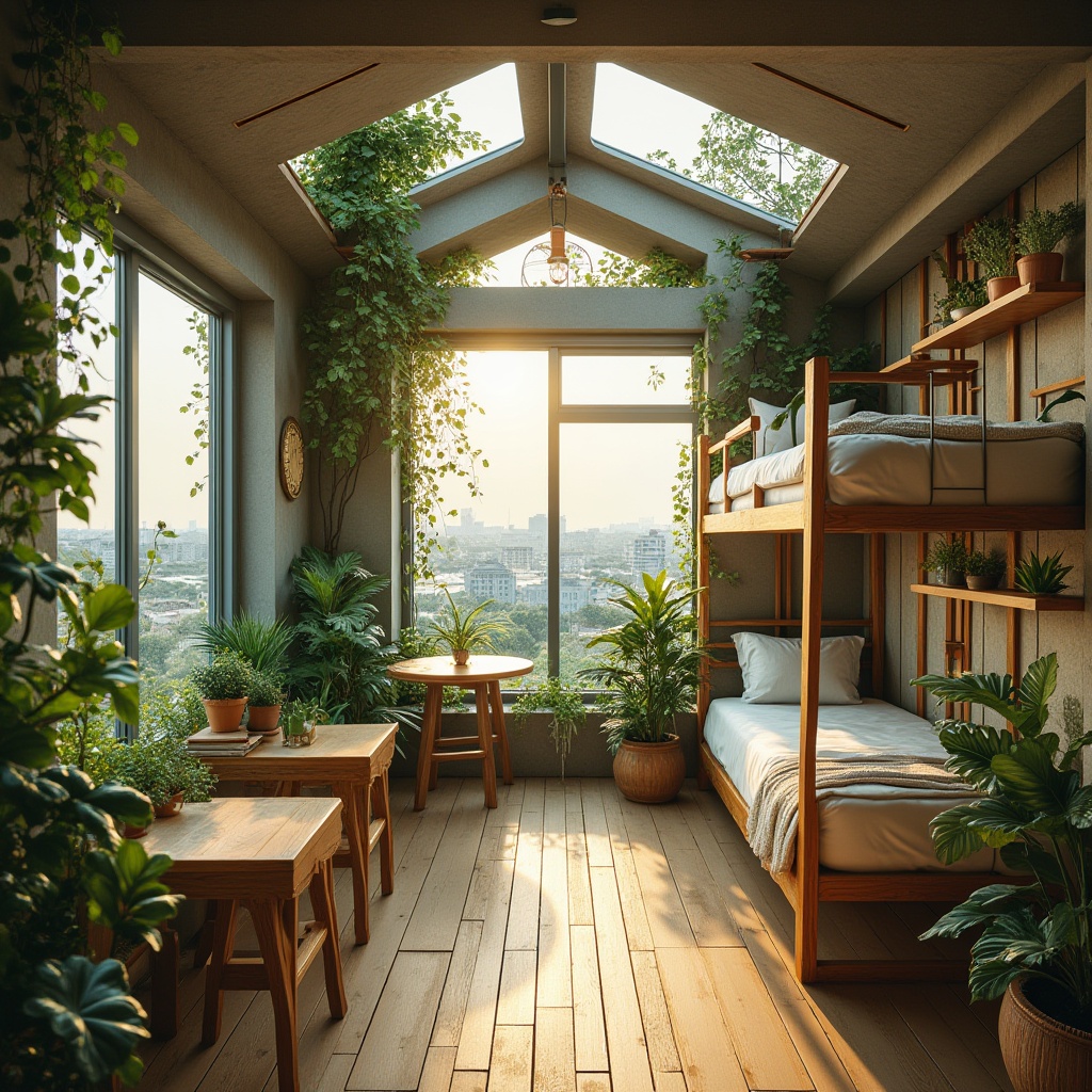 Prompt: Eco-friendly hostel, sustainable design, green architecture, recycled materials, natural lighting, energy-efficient systems, minimalist decor, wooden accents, plants everywhere, calming atmosphere, communal spaces, rooftop garden, city view, morning sunlight, soft shadows, warm tone, cozy ambiance, environmental awareness.