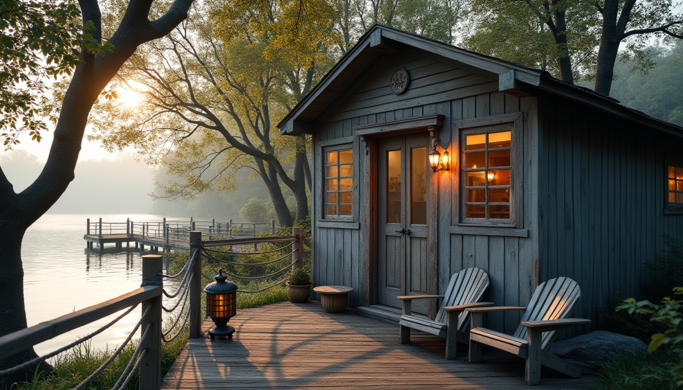 Prompt: Boathouse, gray exterior, wooden texture, rustic, waterfront, lake, calm water, surrounding trees, overhanging branches, vintage lantern, rope railing, weathered wood deck, Adirondack chairs, serene atmosphere, soft focus, warm natural lighting, late afternoon, golden hour, peaceful ambiance.