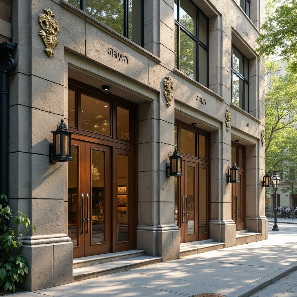 Prompt: Limestone clad building, modern store vernacular architecture, grand entrance, large glass windows, wooden doors, ornate metal handles, elegant signage, natural limestone texture, rough hewn stone walls, rustic charm, urban setting, busy street, trees lining the sidewalk, warm afternoon sunlight, shallow depth of field, 3/4 composition, softbox lighting.