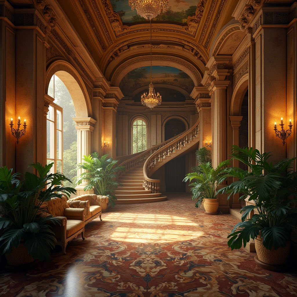 Prompt: Grand, luxurious canyon-inspired interior, Baroque-style train station, intricate stone carvings, ornate chandeliers, high ceilings with fresco paintings, massive stone pillars, grand staircase, lush greenery, tropical plants, warm golden lighting, 3/4 composition, shallow depth of field, cinematic atmosphere, dramatic shadows, warm color palette, intricate patterns on walls and floors, opulent furnishings, luxurious fabrics, majestic architecture, ambient sound of gentle train movements.