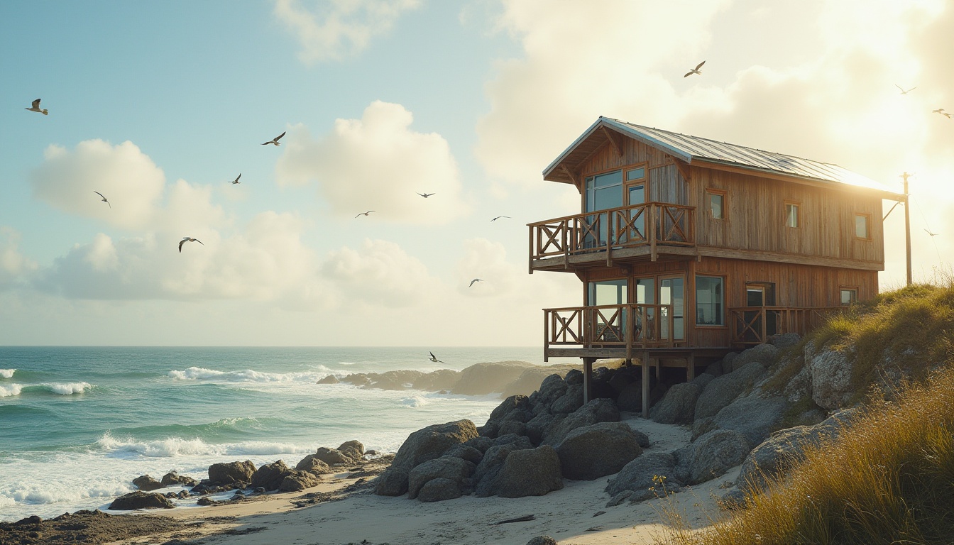 Prompt: Sustainable watching tower, coastal scenic area, eco-friendly architecture, wooden structure, solar panels, green roof, recycled materials, minimal carbon footprint, seaside rocks, sandy beach, dramatic sea views, crashing waves, seagulls flying overhead, warm sunlight, gentle ocean breeze, 3/4 composition, cinematic lighting, natural textures, earthy tones.