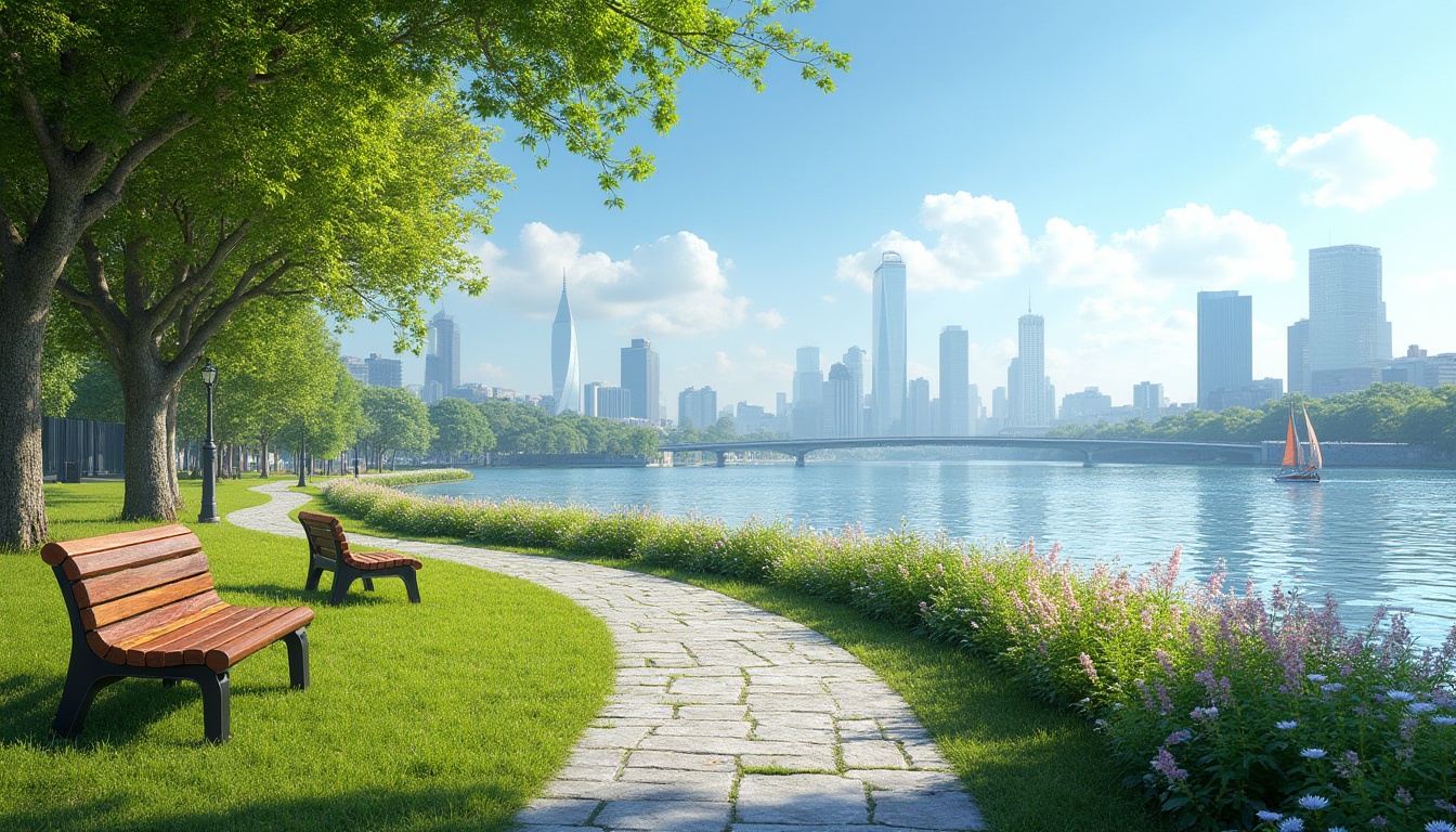 Prompt: Riverbank case study, successful project, scenic riverside, sunny day, clear blue sky, lush greenery, blooming flowers, wooden benches, winding stone path, calm river water, gentle ripples, sailboats in distance, cityscape in background, modern skyscrapers, vibrant urban life, soft natural lighting, 3/4 composition, panoramic view.