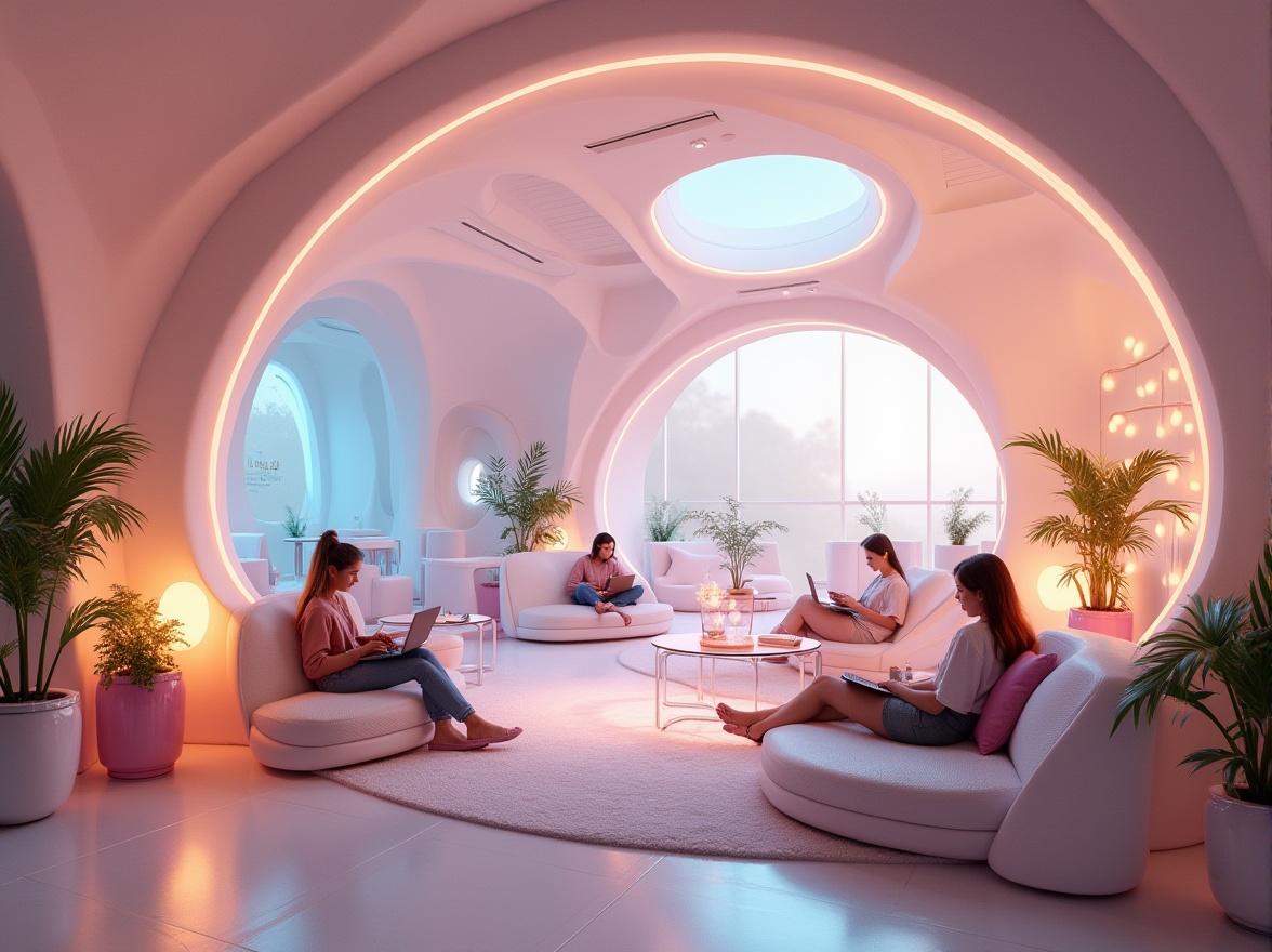 Prompt: Blobitecture style, dormitory interior, futuristic ambiance, wavy, curvaceous lines, soft glow lighting, pastel colors, rounded shapes, minimalist furniture, sleek surfaces, metallic accents, glowing orbs, ambient occlusion, cozy atmosphere, students lounging, laptops open, relaxed poses, modern decorative plants, neon signs, holographic displays, transparent glass tables, futuristic chairs, abstract sculptures, dreamy mist effect, warm color palette, soft focus background.