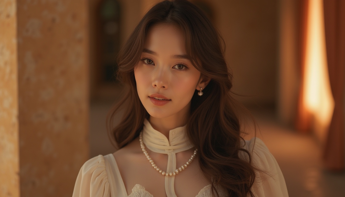 Prompt: Gainsboro color, elegant lady, 25yo, wavy long hair, subtle makeup, pearl earrings, high-neck dress, long sleeves, flowy skirt, Gainsboro colored background, soft focus, warm lighting, shallow depth of field, cinematic composition, 3/4 view, gentle facial expression, subtle smile.