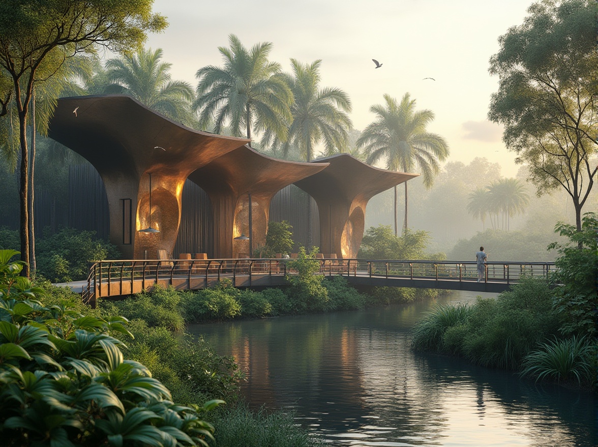 Prompt: Wetland architecture, modern style, bronze color accents, reflective water surface, lush greenery, tropical plants, mangrove trees, wooden bridge, winding path, observation deck, birdwatching, serene atmosphere, warm natural light, soft mist, early morning, panoramic view, 3/4 composition, shallow depth of field.