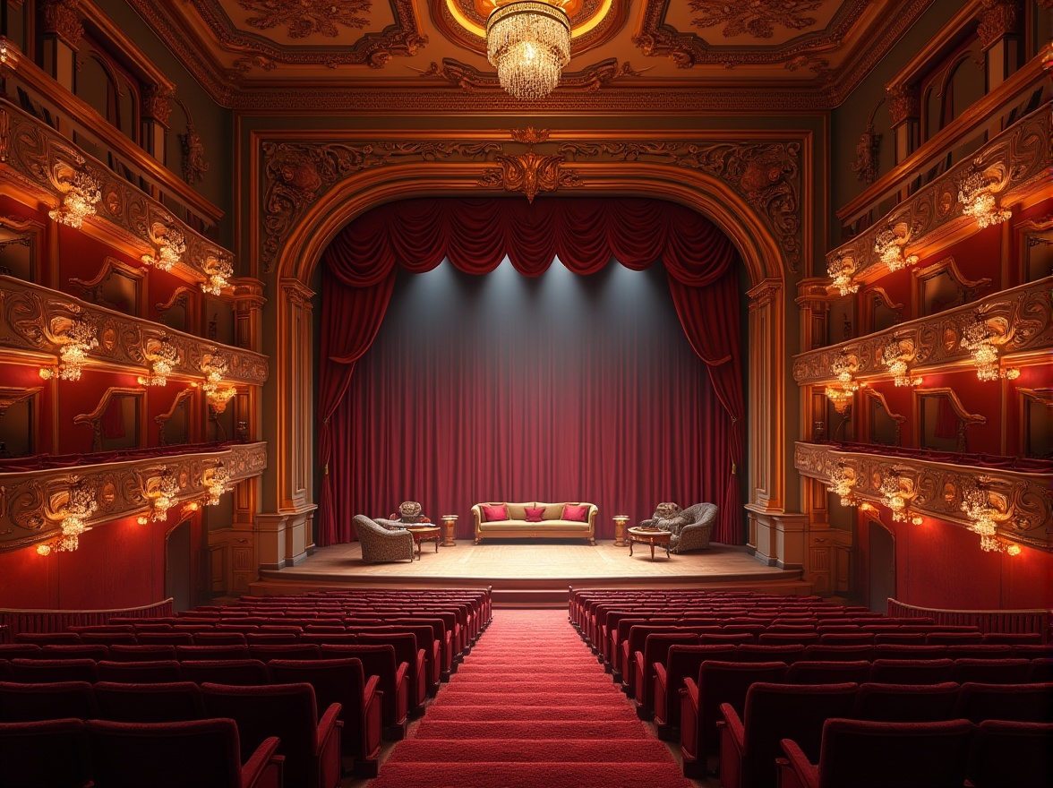 Prompt: Theater interior, heliotrope color scheme, luxurious velvet curtains, golden ornate frames, red carpet, crystal chandeliers, grand staircase, VIP lounge area, lavish furniture, intricate moldings, dimmed soft lighting, spotlights on stage, audience seating, opera house style, Baroque architecture, opulent decorations, warm atmosphere, 3/4 composition, panoramic view.