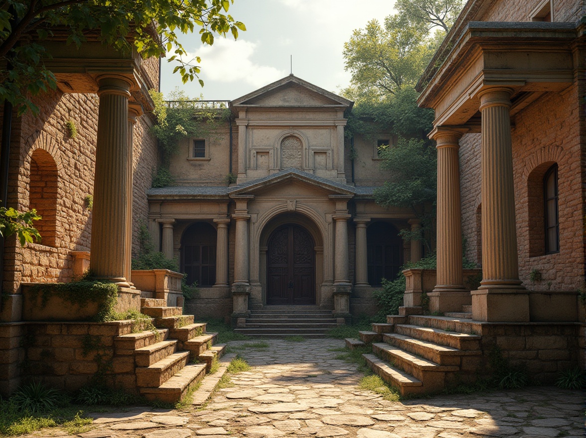 Prompt: Classic architectural design, ancient Greek or Roman style, brick material, ornate columns, carved stone details, rusticated base, grand staircase, symmetrical composition, warm afternoon sunlight, dramatic shadows, aged worn-out walls, overgrown with ivy, moss-covered roofs, subtle texture, earthy tone, natural ambiance, cinematic lighting, 3/4 camera angle.