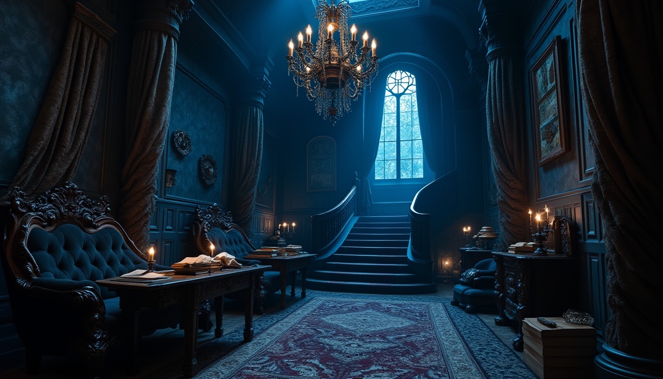 Prompt: Dark academia, gothic interior, navy blue walls, mysterious ambiance, ornate wooden furniture, carved details, luxurious velvet drapes, heavy metal chandeliers, grandeur staircase, mystical atmosphere, eerie candlelight, foggy misty window view, ancient tomes scattered, mysterious artifacts displayed, intense dramatic shadows, cinematic composition, 3/4 angle, softbox lighting.