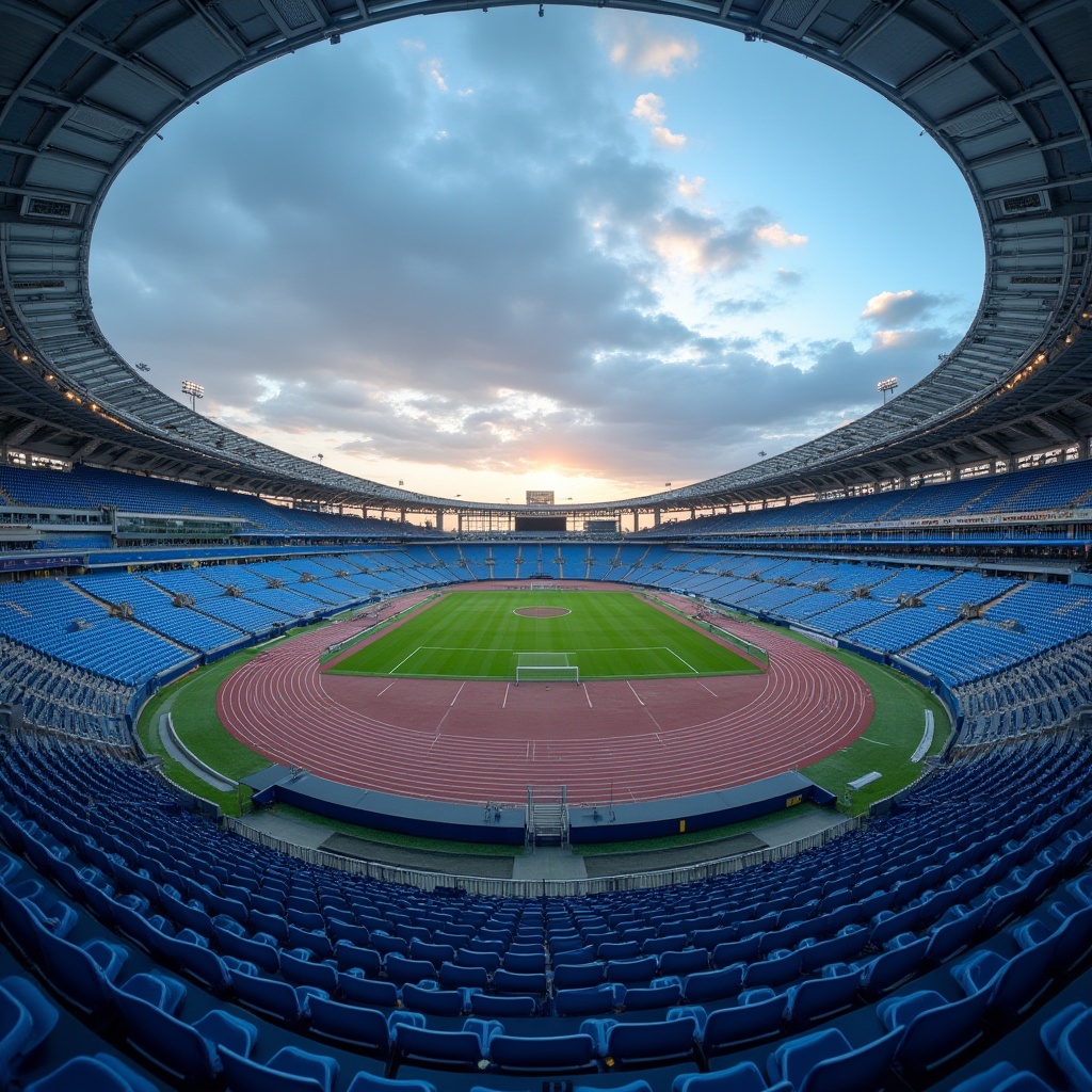 Prompt: Modern stadium, blue exterior walls, sleek curved lines, glass façade, LED lights, evening atmosphere, 3/4 composition, panoramic view, athletic tracks, green grass, goalposts, cheering crowds, cloudy sky, vibrant blue seats, metallic structures, urban landscape, cityscape background, warm sunset lighting, cinematic angle.