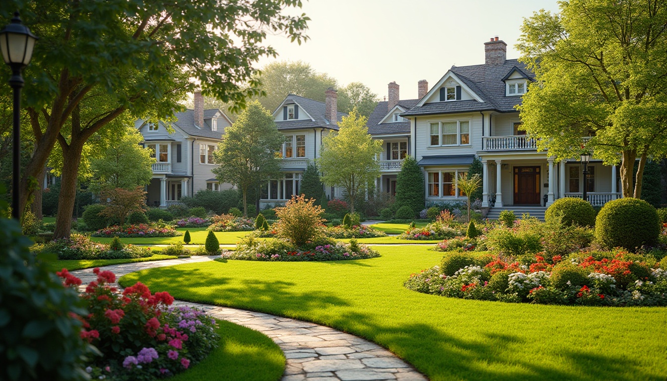 Prompt: Classic homes, suburban area, lush green lawn, vibrant flower beds, symmetrical garden layout, stone pathways, ornate iron gates, Victorian-style lamp posts, blooming trees, elegant topiaries, manicured hedges, colorful perennials, sunny afternoon, soft warm lighting, cinematic composition, 3/4 view, depth of field.