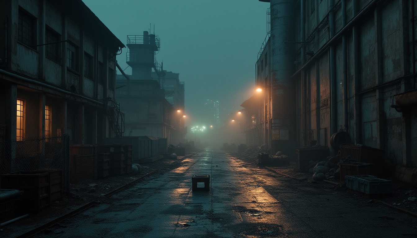 Prompt: Industrial area, nighttime, dim streetlights, misty atmosphere, old factory buildings, rusty metal pipes, concrete walls, barbed wire fencing, abandoned crates, worn-out machinery, puddles of oil, reflective wet ground, distant cityscape, warm sodium vapor lighting, cinematic composition, atmospheric fog, high contrast, 3/4 view.