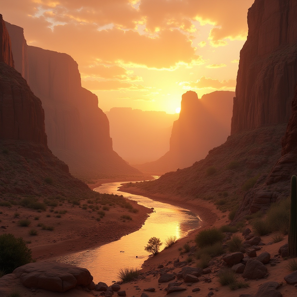 Prompt: Canyon-inspired atmosphere, sunset time, warm orange light casting long shadows, vast desert landscape, layered rock formations, sandy dunes, sparse trees, cacti, winding river, serene water reflections, steep cliff edges, dramatic depth of field, cinematic composition, low-angle shot, atmospheric mist, warm golden lighting, 3/4 composition, natural textures, earthy tones.