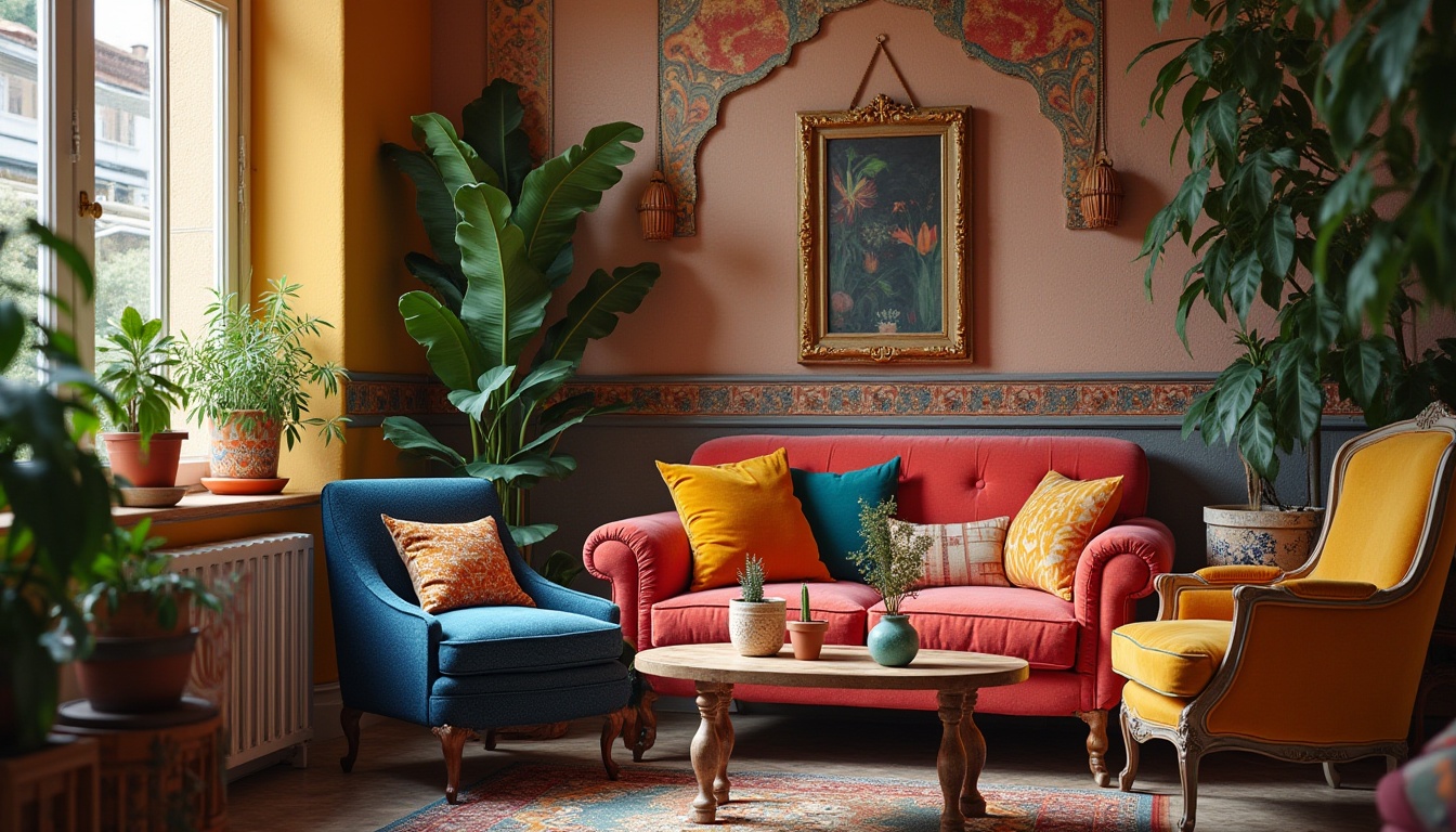 Prompt: Vibrant eclectic room, colorful mismatched furniture, vintage armchair, velvet pillows, distressed wooden coffee table, ornate gold frame mirror, potted plants, macrame wall hanging, Moroccan tiles, abstract artwork, warm softbox lighting, 3/4 composition, shallow depth of field, bohemian chic, cozy atmosphere.