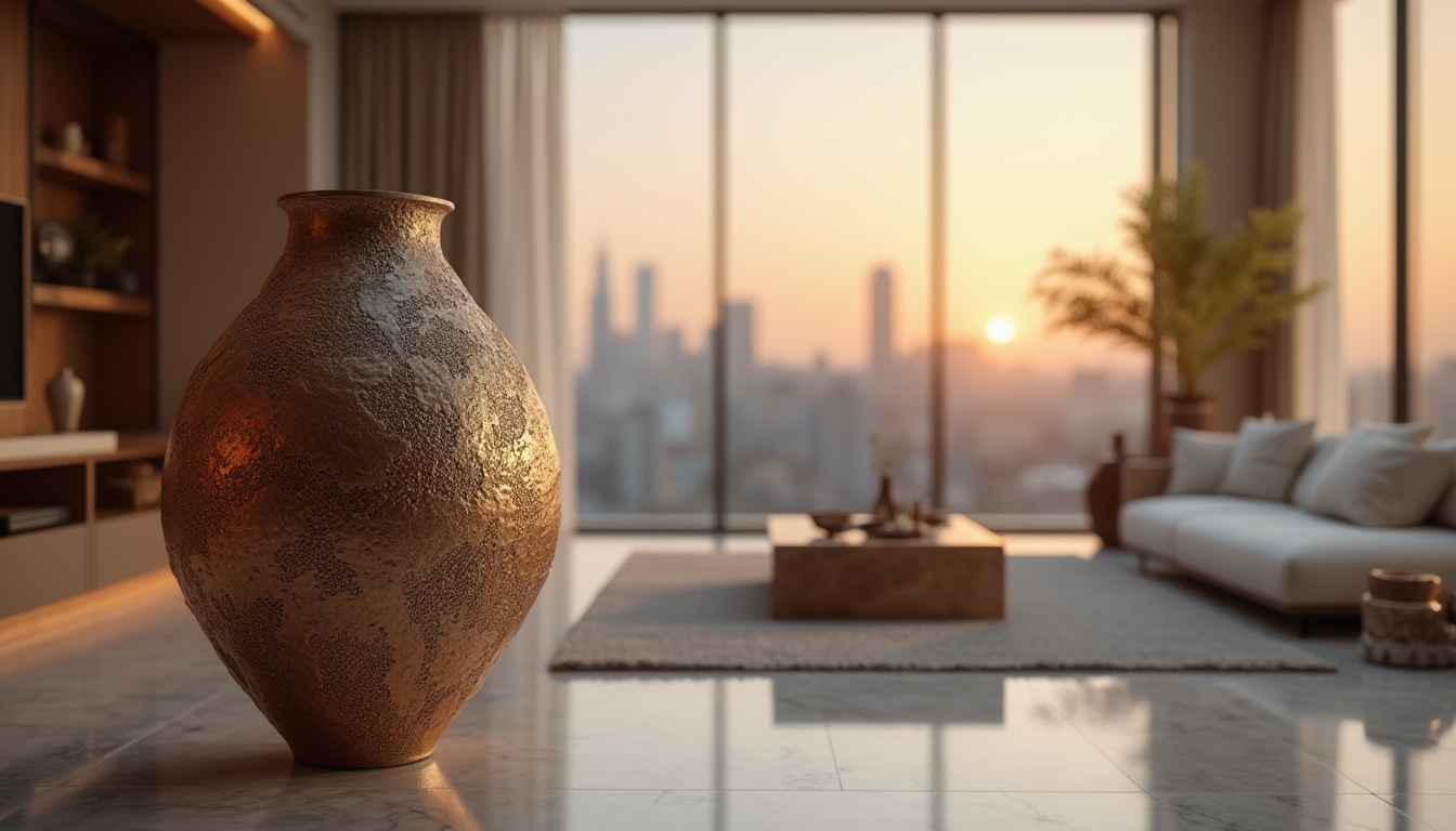 Prompt: Sculpted modern vase, sand-casted metallic surface, intricate texture, earthy tone, ornate design, luxurious ambiance, ambient lighting, shallow depth of field, warm color palette, interior decoration, luxurious living room, marble floor, minimalist furniture, large windows, cityscape view, sunset time, soft focus, 3/4 composition.