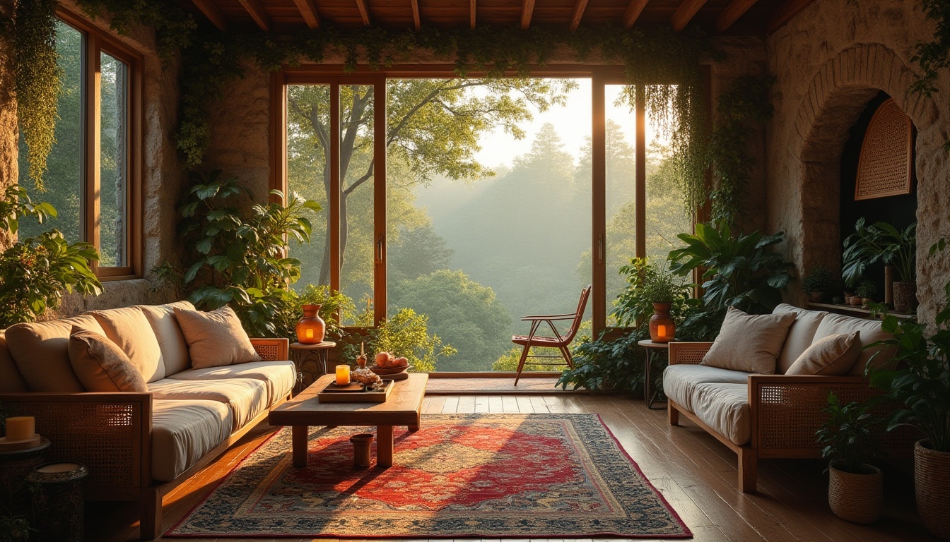 Prompt: Cozy living room, earthy tone, organic design, natural materials, reclaimed wood, stone walls, lush greenery, hanging plants, woven rattan furniture, soft cushions, warm lighting, candles, rustic wooden coffee table, vintage rug, comfortable reading nook, floor-to-ceiling windows, serene forest view, misty morning, golden hour, cinematic composition.