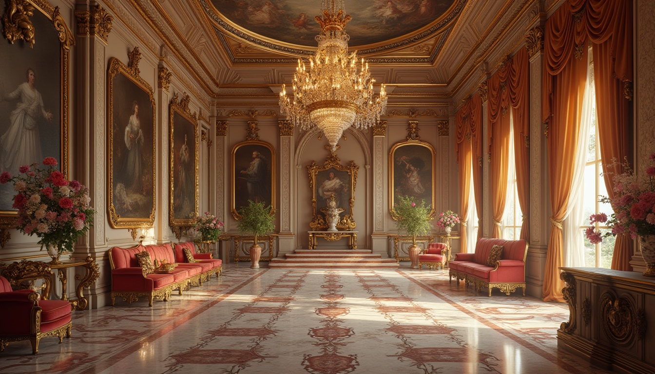 Prompt: Renaissance-style interior, luxurious villa, grand hall, high ceiling, ornate chandelier, marble floor, intricate patterns, velvet sofa, golden frames, oil paintings, lavish decorations, soft warm lighting, 3/4 composition, regal atmosphere, detailed textures, rich colors, Baroque architecture, opulent furnishings, majestic staircases, floral arrangements, elegant vases.