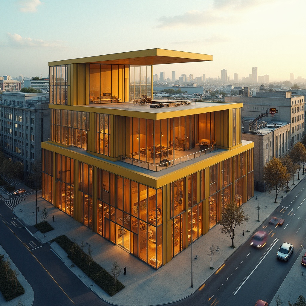 Prompt: Ocher color building, modern architecture, large glass windows, steel frame, urban cityscape, busy streets, contemporary design, rectangular structure, flat roof, ocher-colored walls, bold accents, minimalist interior, sleek lines, industrial materials, afternoon sun, high-angle shot, 3/4 composition, soft shadows, subtle textures.