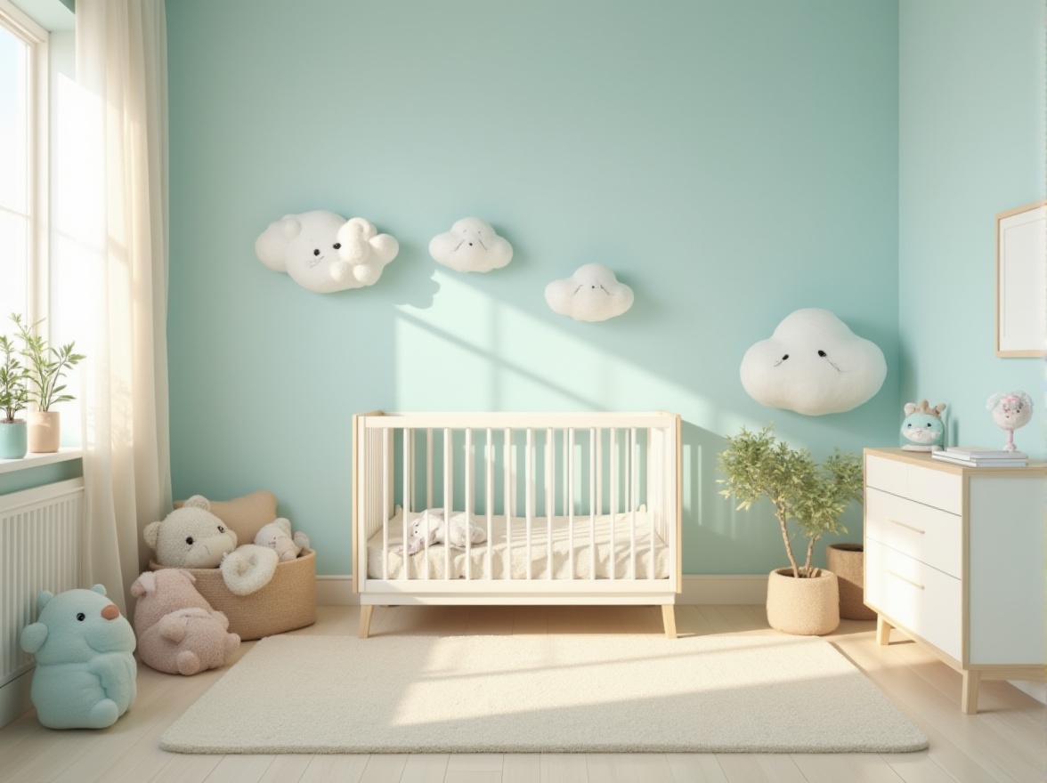 Prompt: Serene nursery, baby blue walls, creamy white furniture, fluffy cloud-shaped decorations, soft toys scattered around, gentle morning light, warm beige carpet, minimalistic crib with delicate lace curtains, few potted plants, peaceful ambiance, shallow depth of field, calm atmosphere, soft focus, pastel colors, tranquil mood.