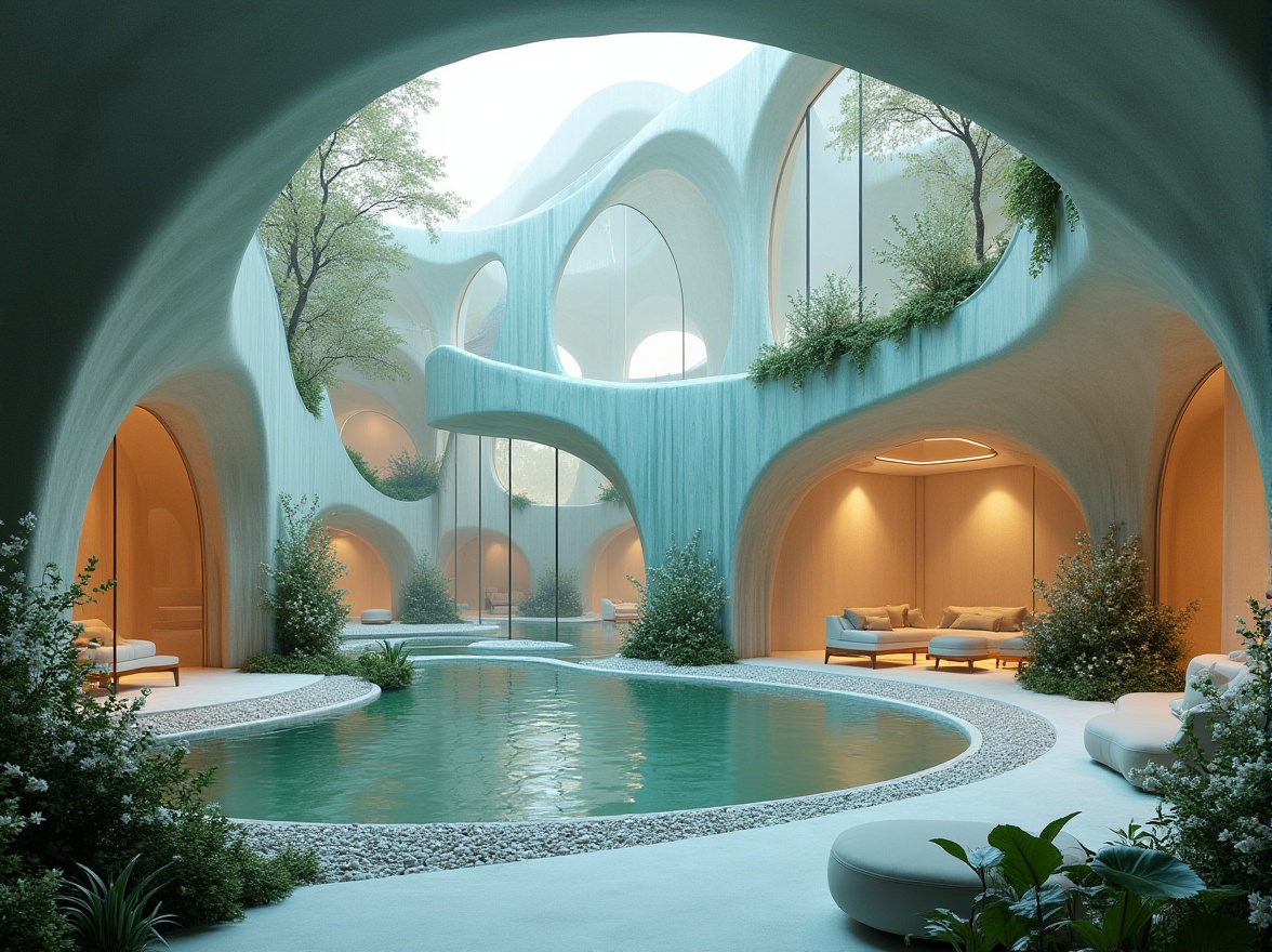 Prompt: Organic architecture, futuristic building, curves blending with nature, baby blue fabrics draped over framework, flowing silk-like texture, iridescent sheen, soft glow, ambient lighting, misty atmosphere, lush greenery surrounding, vines crawling up walls, blooming flowers in every corner, gentle water features, pebble stone pathways, warm beige wood accents, sleek minimalist furniture, 3/4 composition, panoramic view, cinematic depth of field.