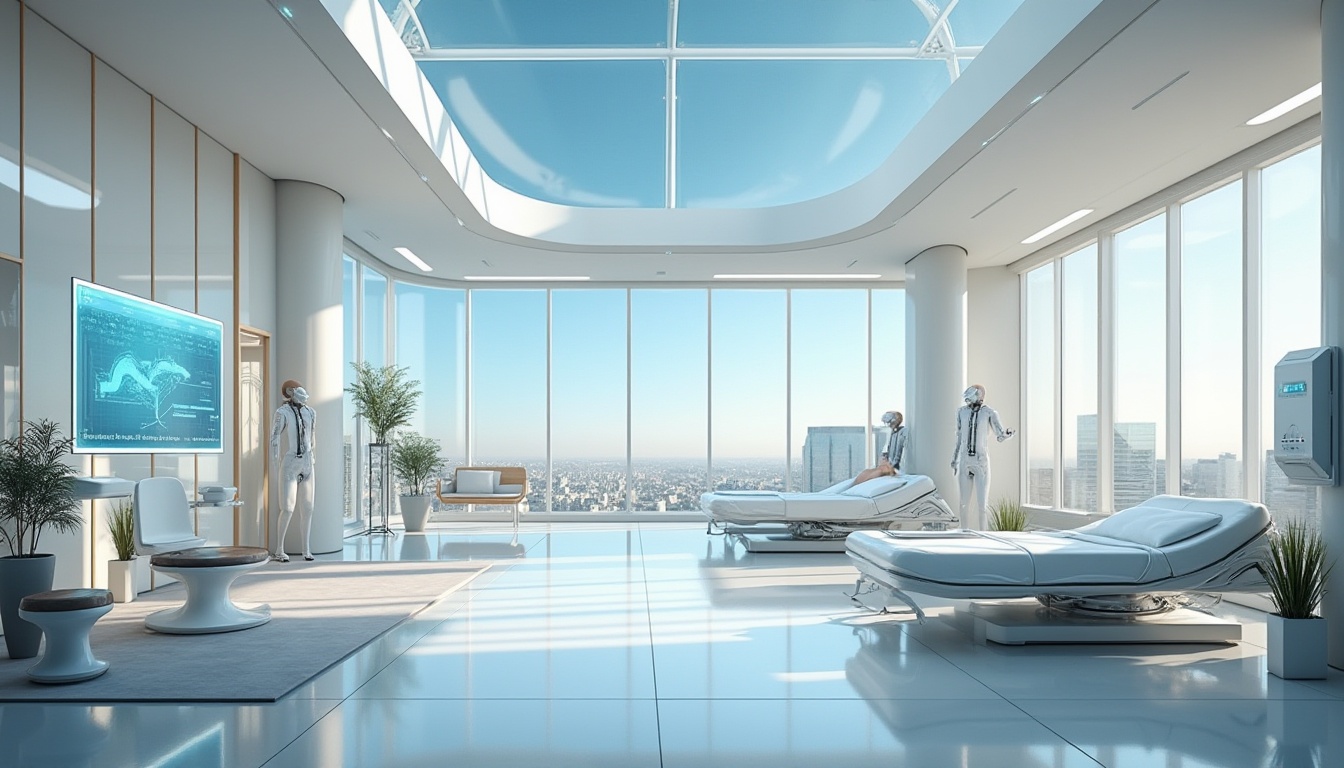 Prompt: Futuristic clinic, vernacular architecture, sleek lines, minimalist decor, white walls, large windows, natural light, wooden accents, modern medical equipment, holographic displays, robotic nurses, futuristic patient beds, ambient LED lighting, calming atmosphere, 3/4 composition, shallow depth of field, soft focus, panoramic view, daytime, sunny, clear blue sky, urban cityscape background.