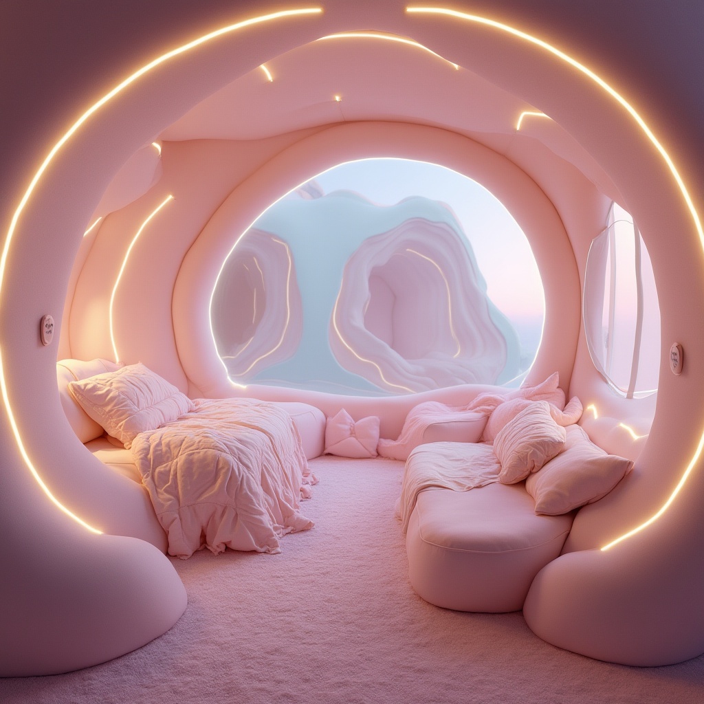 Prompt: Blob-inspired dormitory, futuristic ambiance, rounded corners, smooth curves, pastel colors, iridescent glow, soft lighting, cozy atmosphere, comfortable furniture, plush carpets, curved lines, organic shapes, whimsical decor, fantasy-like environment, dreamy quality, 3/4 composition, shallow depth of field, warm color palette, relaxing mood, calm tone.