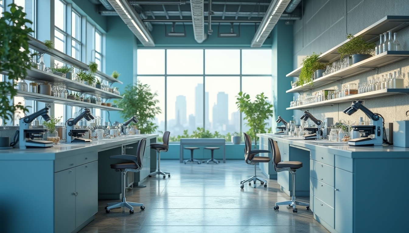 Prompt: Modern laboratory, periwinkle color accents, sleek countertops, stainless steel equipment, futuristic microscopes, rows of test tubes, shelves with labeled beakers, ergonomic stools, softbox lighting, minimalist decor, plants on shelves, natural stone floor, large windows with city view, afternoon sunlight, subtle shadows, 3/4 composition, soft focus background, cinematic mood.