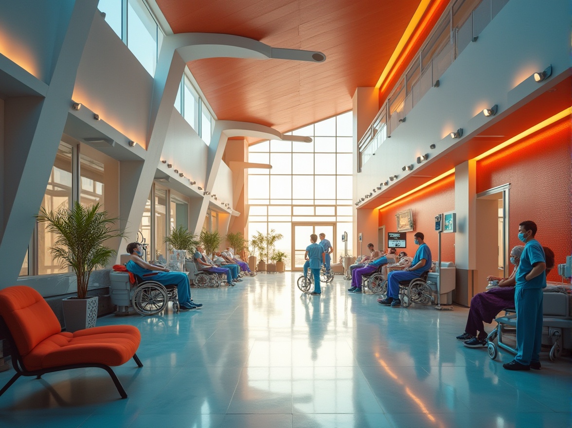 Prompt: Modern hospital interior, constructivist architecture style, bold geometric shapes, vibrant color scheme, abstract patterns, futuristic ambiance, sleek metallic surfaces, minimalist furniture, angular lines, open floor plan, natural light pouring through floor-to-ceiling windows, medical equipment, doctors and nurses in scrubs, patients in wheelchairs, soft warm lighting, 3/4 composition, shallow depth of field, realistic rendering.