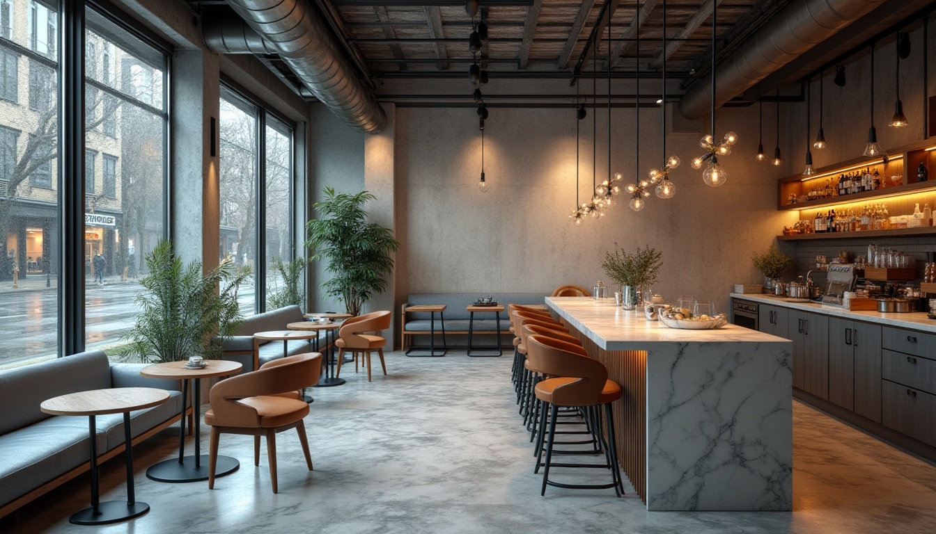 Prompt: Urban coffee shop, light gray color palette, modern industrial interior, concrete walls, metal beams, wooden accents, marble countertops, comfortable sofas, minimalist decor, cityscape outside, rainy day, softbox lighting, 3/4 composition, shallow depth of field, warm and inviting atmosphere.