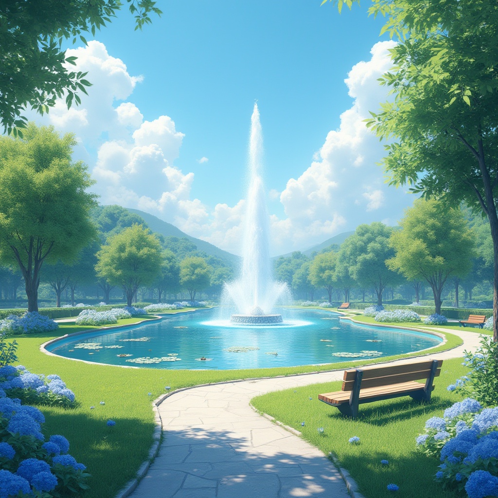 Prompt: Light blue themed park, sunny day, clear sky, fluffy white clouds, lush green grass, vibrant flowers in light blue hues, winding path made of light gray stone, wooden benches with soft blue cushions, a serene pond with light blue water lilies, a few sailboats drifting lazily, a majestic fountain spraying high into the air, gentle mist surrounding the area, warm and inviting ambient lighting, natural composition, emphasis on negative space.