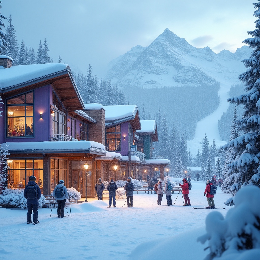 Prompt: Ski center, winter scene, snow-capped mountains, lavender blue color scheme, modern architecture, large glass windows, wooden accents, warm lighting, cozy atmosphere, people wearing ski jackets and hats, holding ski poles, standing or sitting on benches, snowflakes gently falling, frosty trees surrounding the building, snowy slopes in the background, soft focus, shallow depth of field, vibrant colors, cinematic composition.