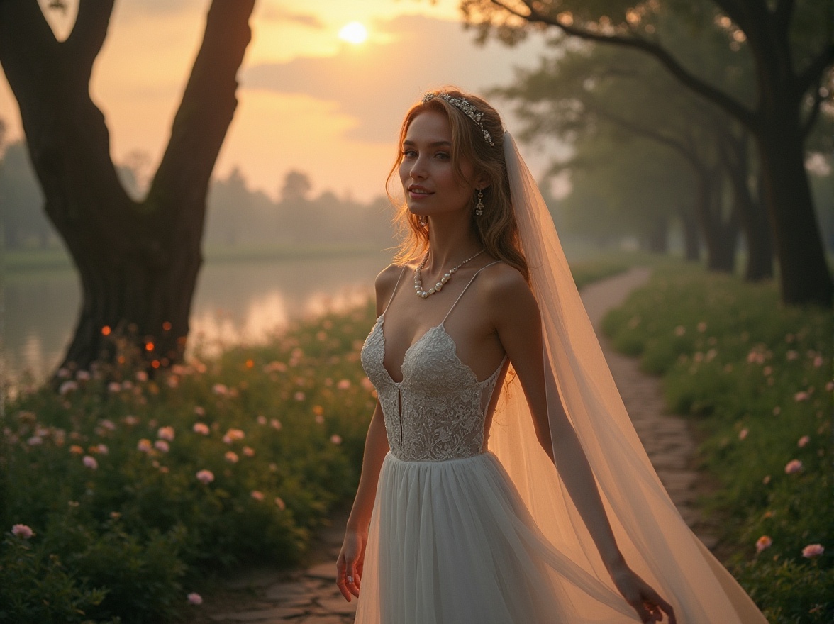 Prompt: Dreamy woman, 25yo, elegant lace wedding dress, flowing silk veil, delicate pearl necklace, soft curls, subtle blush, gentle smile, standing, misty forest, ancient trees, twinkling fireflies, blooming wildflowers, winding stone path, serene lake, sunset glow, warm golden light, dramatic clouds, cinematic composition, shallow focus, romantic atmosphere.