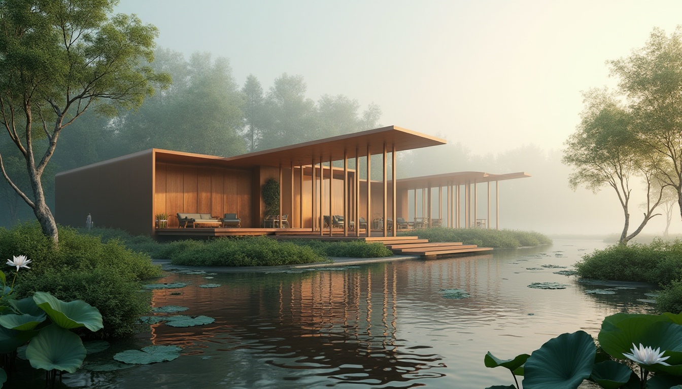 Prompt: Wetland architecture, modern ecological building, bronze color accents, reflective glass facade, sleek lines, minimalist design, lush greenery surroundings, misty atmosphere, tranquil ambiance, wooden dock, rippling water, lotus flowers blooming, soft warm lighting, 3/4 composition, shallow depth of field.