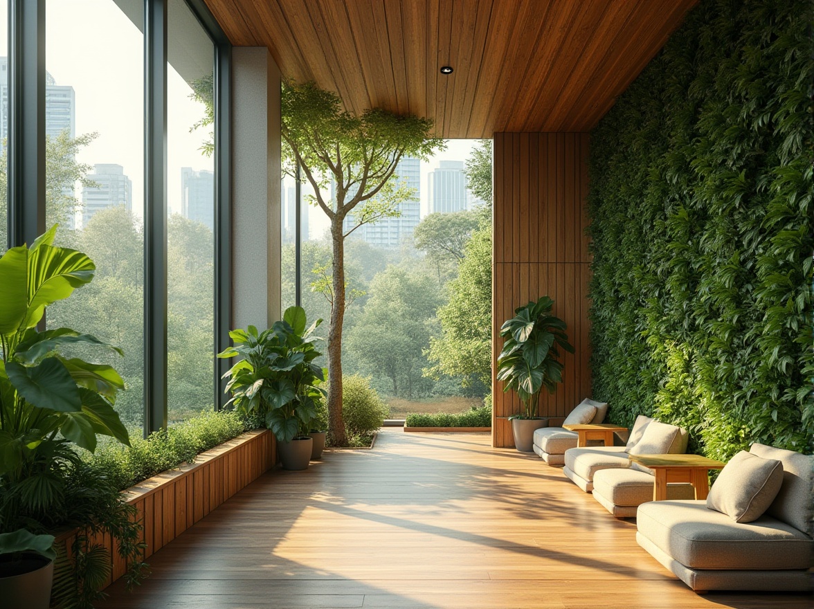 Prompt: Modern green architecture, eco-friendly building, calming atmosphere, natural light, lush greenery, vertical garden, living wall, reclaimed wood, bamboo flooring, minimal ornamentation, sleek lines, floor-to-ceiling windows, urban jungle, cityscape background, warm sunlight filtering through leaves, soft shadows, 3/4 composition, gentle bokeh, natural textures, earthy tones.