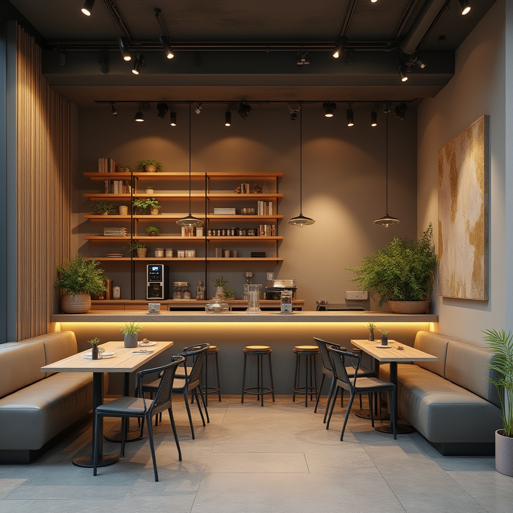 Prompt: Modern coffee shop, trendy vibe, natural materials, fibreglass decor, smooth curves, matte finish, earthy tones, wooden accents, minimalist aesthetic, cozy atmosphere, soft lighting, pendant lamps, plants on shelves, industrial-chic tables, metal chairs, concrete floor, abstract art pieces, 3/4 composition, warm color palette, inviting ambiance.