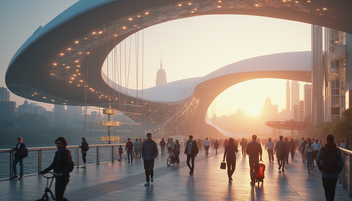 Prompt: Modern pedestrian bridge, innovative fabric materials, translucent canopy, undulating wavy roofline, stainless steel cables, minimalist railings, sleek LED lighting, futuristic ambiance, urban cityscape, riverbank setting, evening time, warm golden light, soft misty atmosphere, blurred background, shallow depth of field, vibrant city life, bustling crowd, diverse pedestrians, casual outfits, sunglasses, hats, scarves, backpacks, bicycles, strollers, close-up shots, low-angle views, cinematic composition.