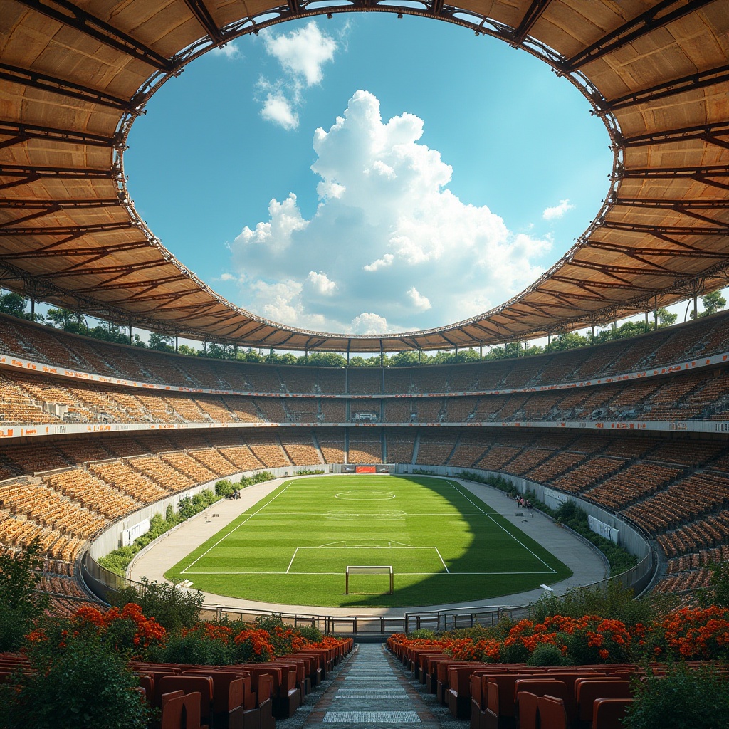 Prompt: Stadium architecture, brown dominant color, earthy tone, warm atmosphere, natural material, wooden seats, rusty steel beams, concrete walls, greenery surroundings, lush trees, vibrant flower beds, sunny day, clear blue sky, dramatic cloud formation, low-angle shot, symmetrical composition, wide-angle lens, high-contrast lighting.