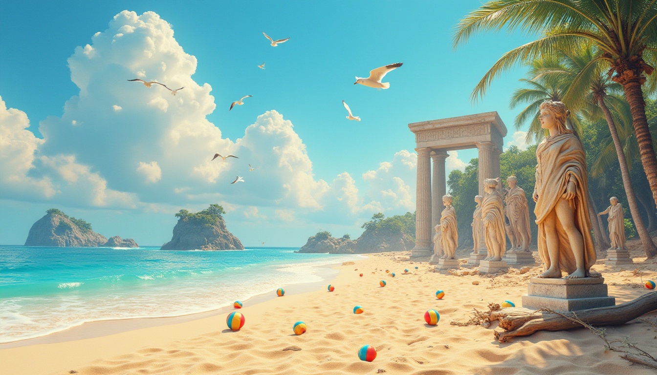 Prompt: Interactive beach scene, ancient Greek-inspired beach monuments, sunny day, clear blue sky, fluffy white clouds, warm golden sand, gentle ocean waves, seagulls flying overhead, beach volleyball court, colorful beach balls, sunglasses, summer hats, tropical palm trees, driftwood, weathered stone statues, intricate carvings, ornate columns, majestic arches, soft focus background, shallow depth of field, vibrant colors, cinematic composition, warm lighting, 3/4 view.