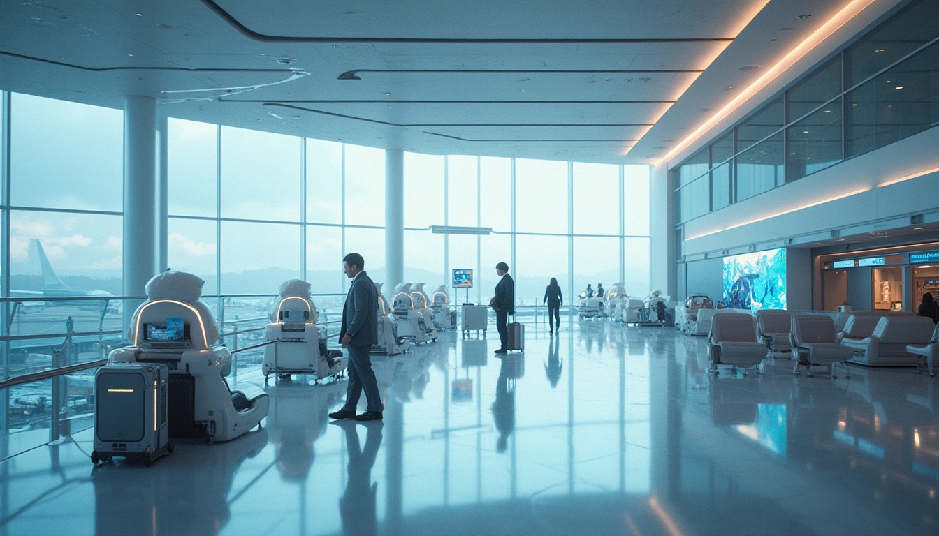 Prompt: Futuristic airport terminal, sleek lines, neon lights, holographic advertisements, transparent glass ceiling, gleaming white floors, minimalist seating areas, automated luggage systems, futuristic robots assisting passengers, businessman in a suit holding a tablet, stylish woman with short hair and sunglasses walking towards the gate, panoramic view of the airfield, commercial airliners docked at gates, misty atmosphere, ambient techno music, cinematic composition, low-angle shot, HDR.