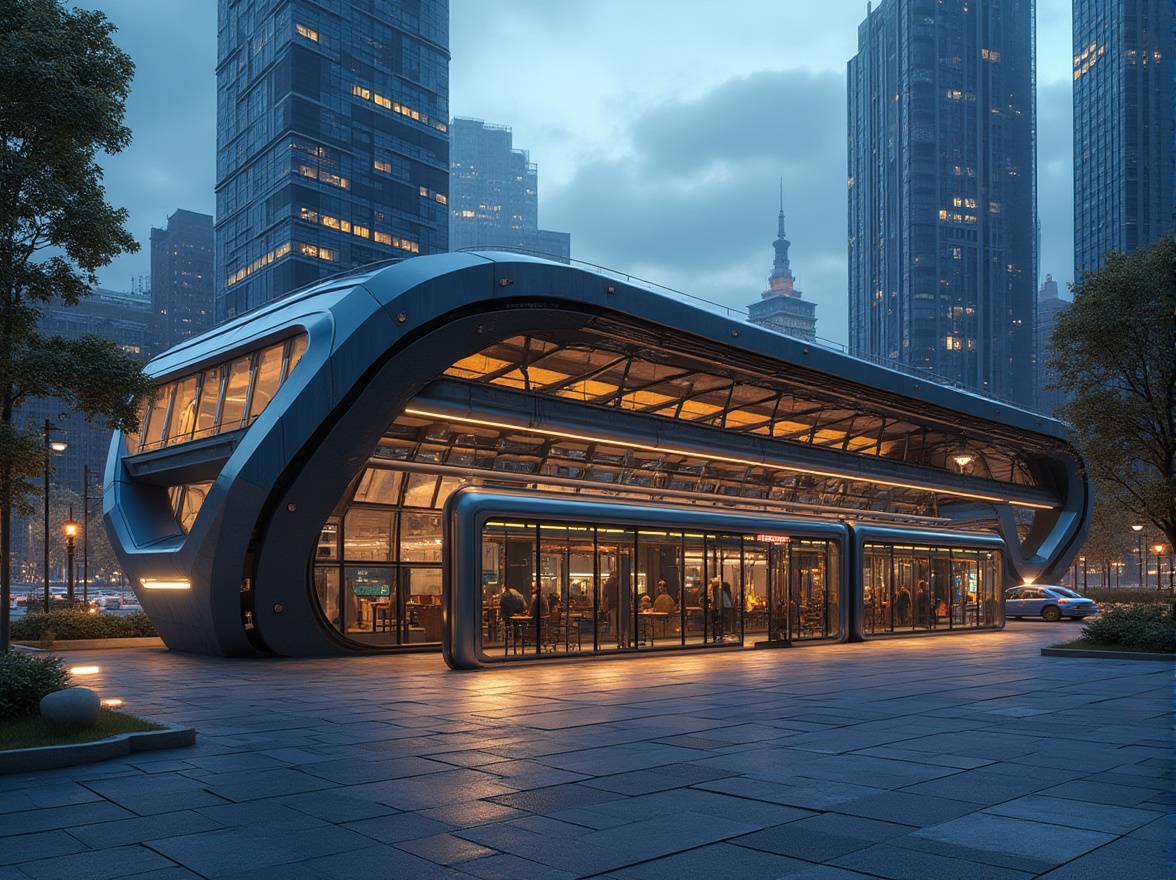 Prompt: Futuristic bus station, steel-framed structure, modern architecture, sleek lines, angular shapes, metallic materials, glass panels, LED lighting, urban setting, cityscape, skyscrapers in background, evening atmosphere, warm ambient lighting, 3/4 composition, low-angle shot, dramatic shadows, detailed textures, reflections on metal surfaces.