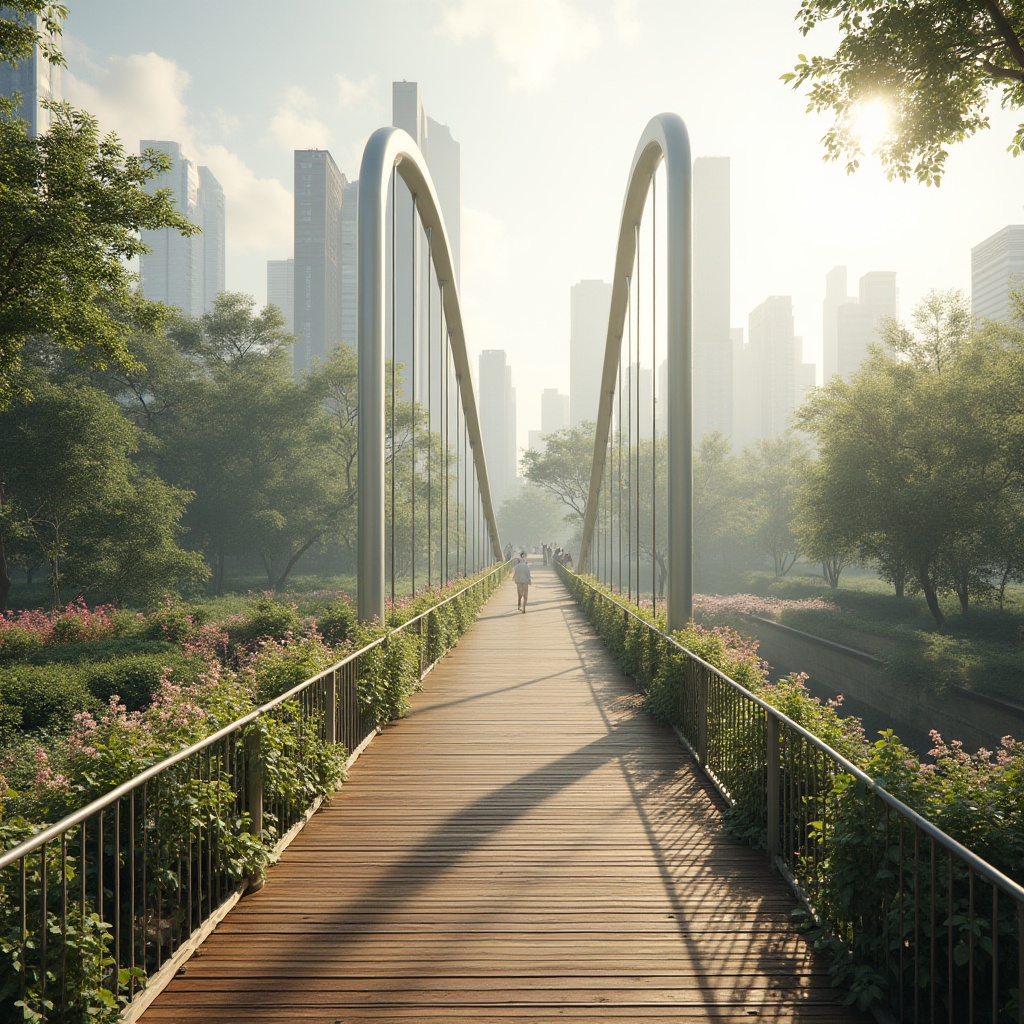 Prompt: Modern pedestrian bridge, sustainable design, eco-friendly materials, steel arches, wooden decks, green roofs, vines, flowers, urban park, cityscape, morning mist, soft sunlight, gentle shadows, 3/4 composition, warm colors, natural textures, curved lines, minimalistic structure, environmentally conscious, innovative engineering, harmonious integration with surroundings, pedestrian traffic, leisurely pace, serene atmosphere, shallow depth of field.